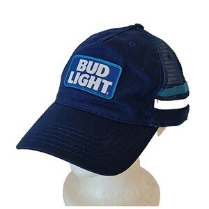 Budweiser 3 Stripe Mesh Trucker Hat Anheuser Busch Beer Advertising Patch Blue